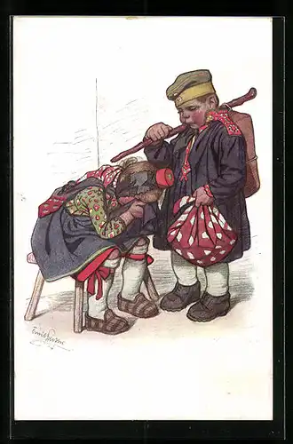 Künstler-AK Emil Beithan: Junge in Uniform tröstet Freundin in Tracht zum Abschied