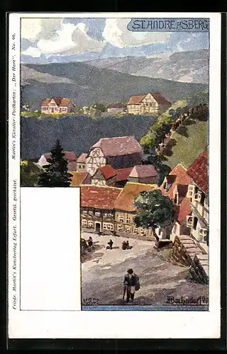 Künstler-AK H. Bahndorf: St. Andreasberg, Ortspartie vor Bergpanorama