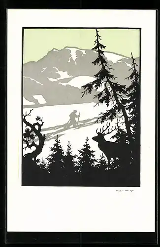 Künstler-AK Josefine Allmayer: Scherenschnitt, Berglandschaft mit Skifahrer und Hirsch