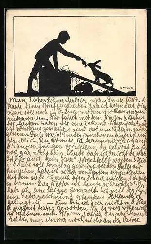 Künstler-AK Carus: Schattenbild, Junge füttert den Hasen