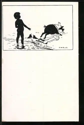 Künstler-AK Carus: Schattenbild, Schwein klaut Kleidung von badendem Kind