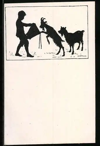 Künstler-AK Carus: Schattenbild, Junge füttert die Ziegen