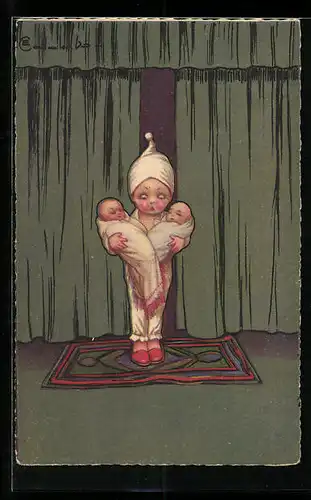 Künstler-AK E. Colombo: Kind mit zwei Babys auf dem Arm
