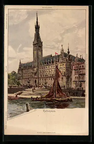 Künstler-AK Carl Biese: Hamburg, Rathaus mit Segelboot