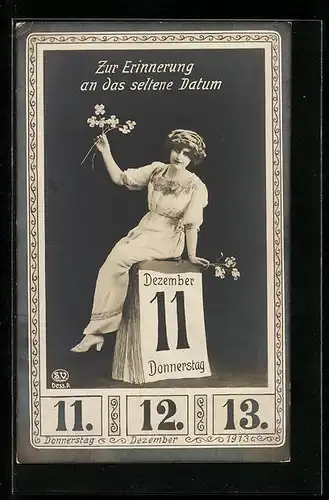 AK Junge Dame mit Kalenderblatt, Datum 11. Dezember 1913