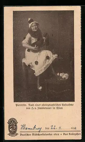 AK Pierette mit Mandoline, Blatt aus dem Deutschen Mädchenkalender 1922