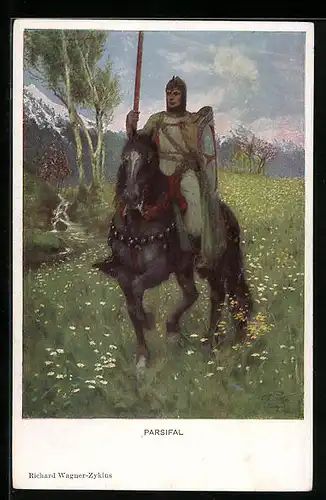 AK Parsifal zu Pferde, Richard Wagner-Zyklus