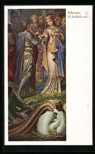 AK Lohengrin, Königspaar mit Schwan, Szenenbild