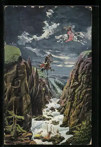 AK Die Sage von der Rosstrappe, Sprung der Pferde