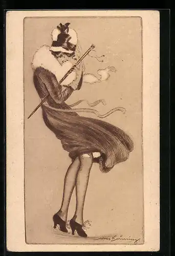 Künstler-AK Max Brüning: Stürmisch, Windstoss hebt den Rock einer Dame empor