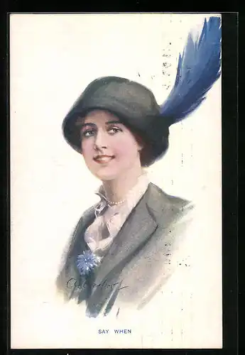 Künstler-AK Court Barber: Dame mit blauer Feder am Hut, Say When