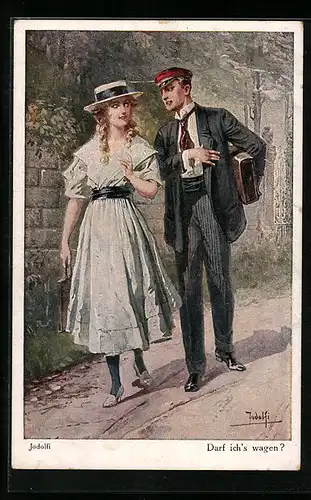 Künstler-AK Adolf (Jodolfi): Darf ich's wagen?, Mann flirtet mit einer jungen Frau