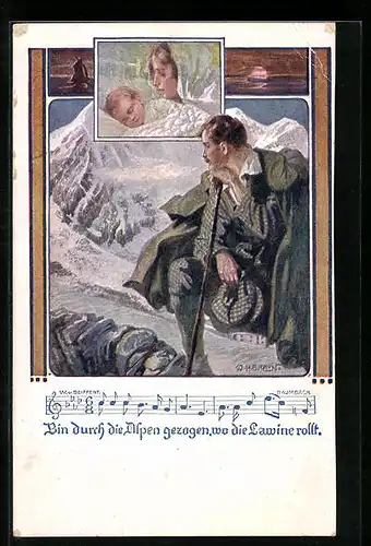 Künstler-AK W. Braun: Bergsteiger denkt an die Seinen zu Hause