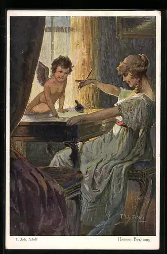 Künstler-AK Adolf (Jodolfi): Amor sitzt auf dem Schreibtsich einer Frau und hilft beim Schreiben eines Liebesbriefs