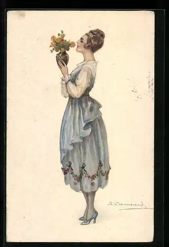Künstler-AK Sergio Bompard: Junge Frau schnuppert an den Blumen in der Vase
