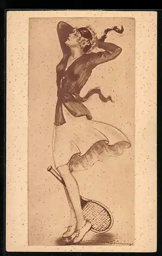 Künstler-AK Max Brüning: Schöne Tennisspielerin in reizvoller Pose