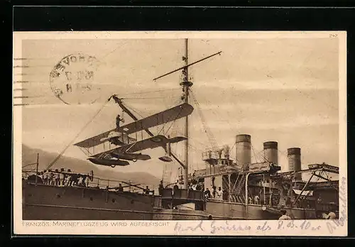 AK Französ. Marineflugzeug wird aufgefischt, 1. Weltkrieg