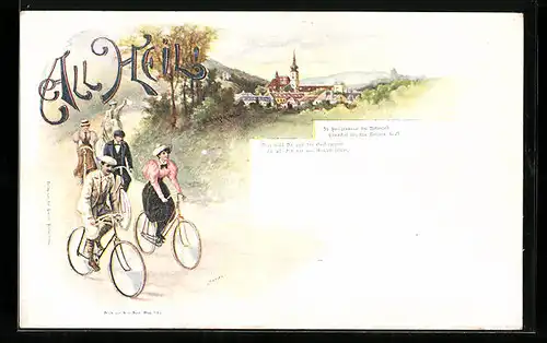 Lithographie All Heil!, In Heil`genkreuz bei Rebensaft..., Radfahrer