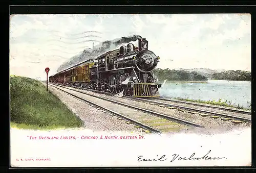 Lithographie The Overland Limited, Chicago & North Western Railway, Eisenbahn