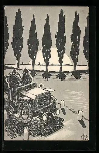 Künstler-AK Autofahrt zum Sonnenuntergang