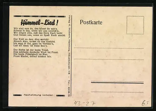 Künstler-AK Hamburg, Hummel Hummel mit Humor! Mors - Mors!, Liedtext Hummellied