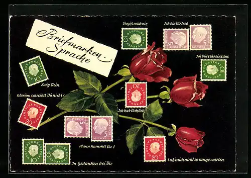 AK Briefmarkensprache, Rote Rosen und Anleitung