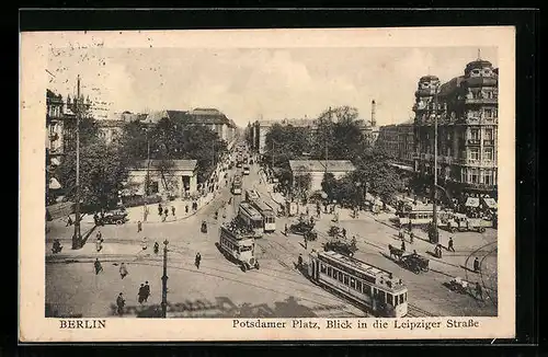 AK Berlin, Potsdamer Platz, Blick in die Leipziger Strasse, Strassenbahn