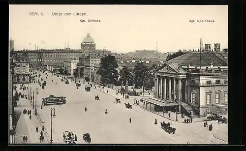 AK Berlin, Unter den Linden, Kgl. Schloss, Kgl. Opernhaus, Strassenbahn