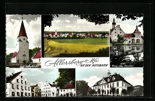AK Allersberg /Mfr., Ortspartie mit Gasthof Adler, Alte Wehrkirche, Blick zum Stadttor