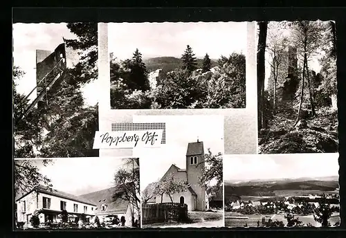 AK Poppberg, Gästehaus Wachburg von Willi Piehl, Kirche, Ruine