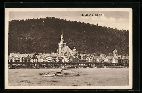 AK St. Goar a. Rhein, Ortsansicht mit Dampfer