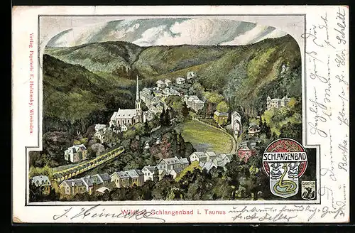 Künstler-AK Schlangenbad i. Taunus, Totalansicht aus der Vogelschau