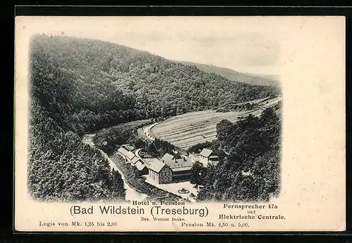 AK Treseburg, Hotel Bad Wildstein aus der Vogelschau