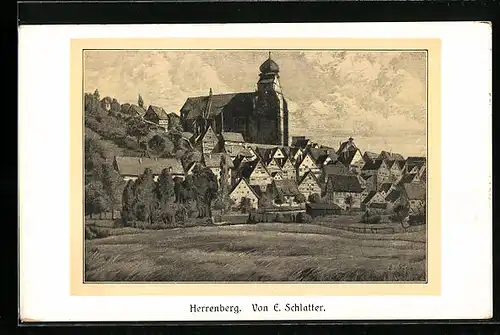 Künstler-AK Herrenberg, Totalansicht der Ortschaft