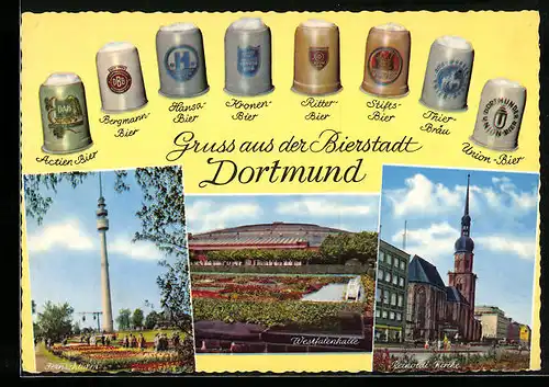 AK Dortmund, Brauereikarte mit Dortmunder Bier und Westfalenhalle