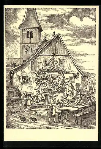 Künstler-AK Randersacker, Besucher im Gasthaus, Mostschenke