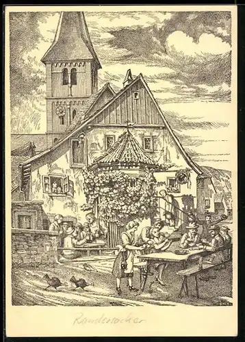 Künstler-AK Randersacker, Besucher im Gasthaus, Mostschenke