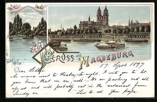 Lithographie Magdeburg, Ortsansicht, Inselteich am Friedr.-Wilhelms-Garten