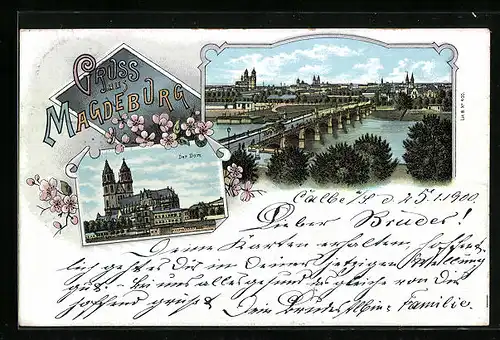 Lithographie Magdeburg, Ortsansicht mit Fluss und Brücke, Dom