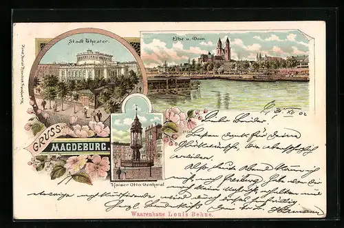 Lithographie Magdeburg, Stadt-Theater, Elbe und Dom, Kaiser Otto-Denkmal