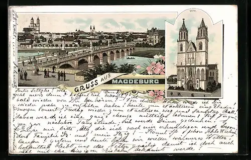 Vorläufer-Lithographie Magdeburg, 1895, Ortsansicht, Dom