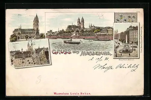 Lithographie Magdeburg, Ortsansicht, Dom, Alter Markt, Hasselbach-Brunnen