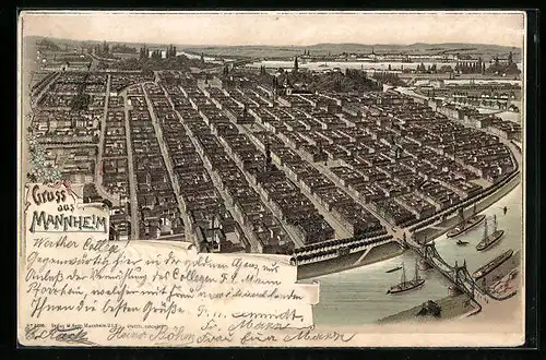 Lithographie Mannheim, Panorama aus der Vogelschau