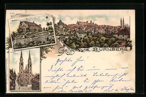 Lithographie Nürnberg, Ortsansicht, Burg, Lorenz-Kirche