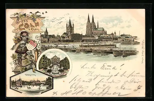 Lithographie Köln a. Rhein, Gasthaus Flora, Uferpartie mit Dom, Volksgarten