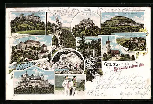 Lithographie Lichtenstein, Burg Lichtenstein, Tübinger Schloss, Burg Hohenzollern, Liebespaar in Tracht