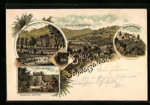 Lithographie Bad Blankenburg /Schwarzatal, Eingang ins Tal, Ruine Greifenstein