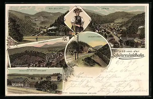 Lithographie Triberg, Sommerau, Bahnhof, Kaisertunnel, Hornberg