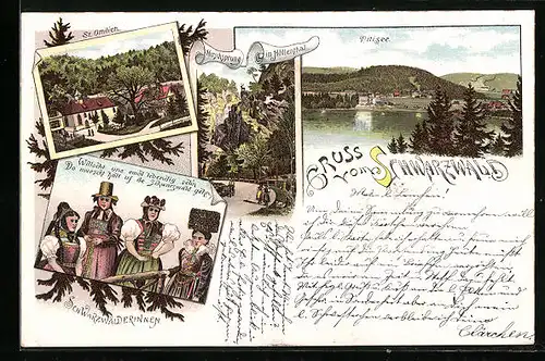 Lithographie Titisee, Ortsansicht, St. Ottilien, Schwarzwälderinnen in Tracht