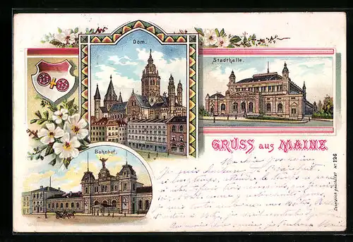 Lithographie Mainz, Bahnhof, Stadthalle, Dom, Wappen